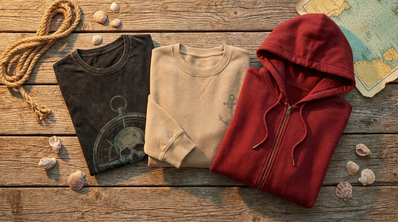 Flat-lay of a Shanks shirt and One Piece vintage hoodie on weathered driftwood