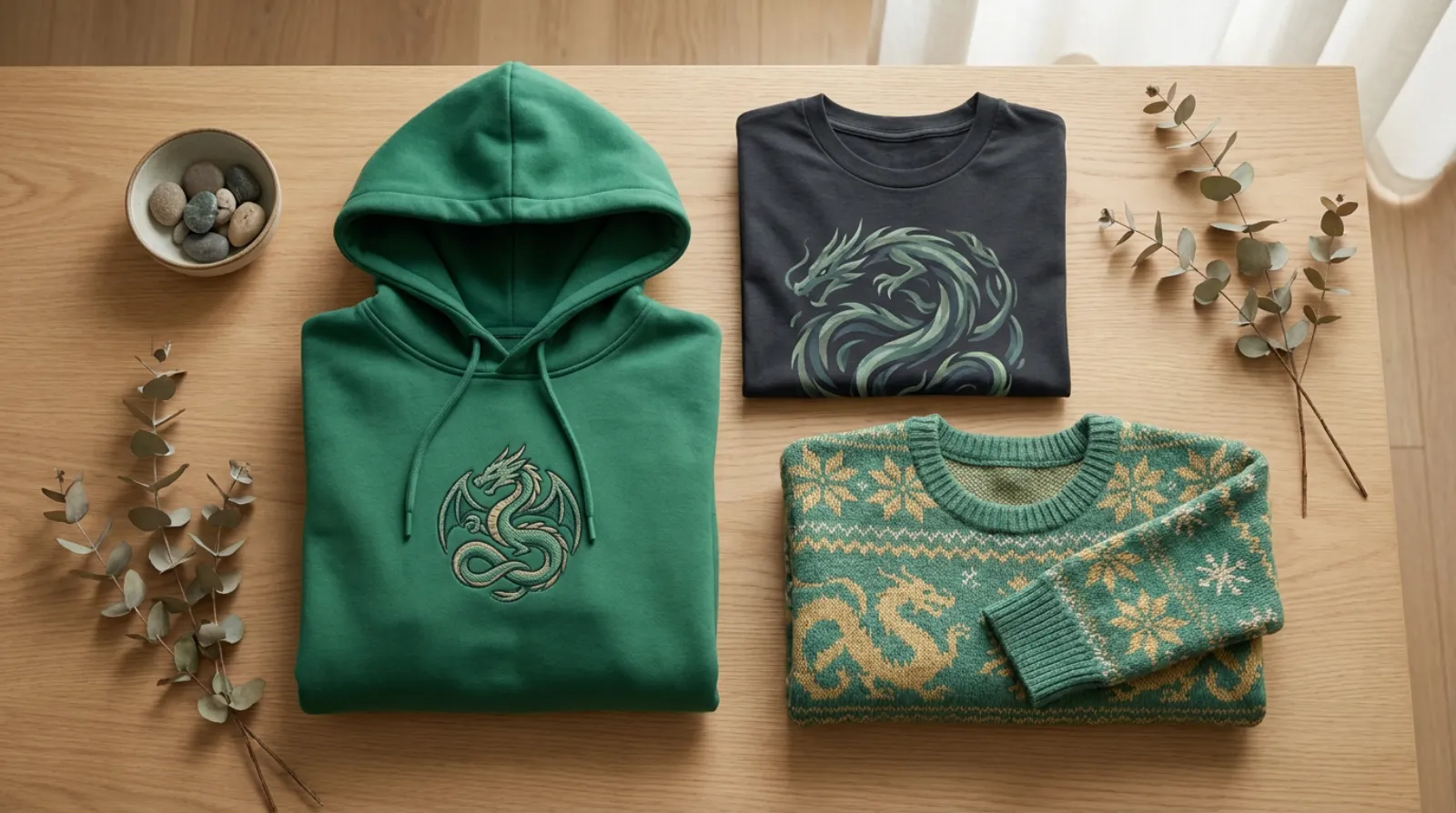 Emerald green wish-dragon themed Shenron shirt and hoodie flat-lay on light wood