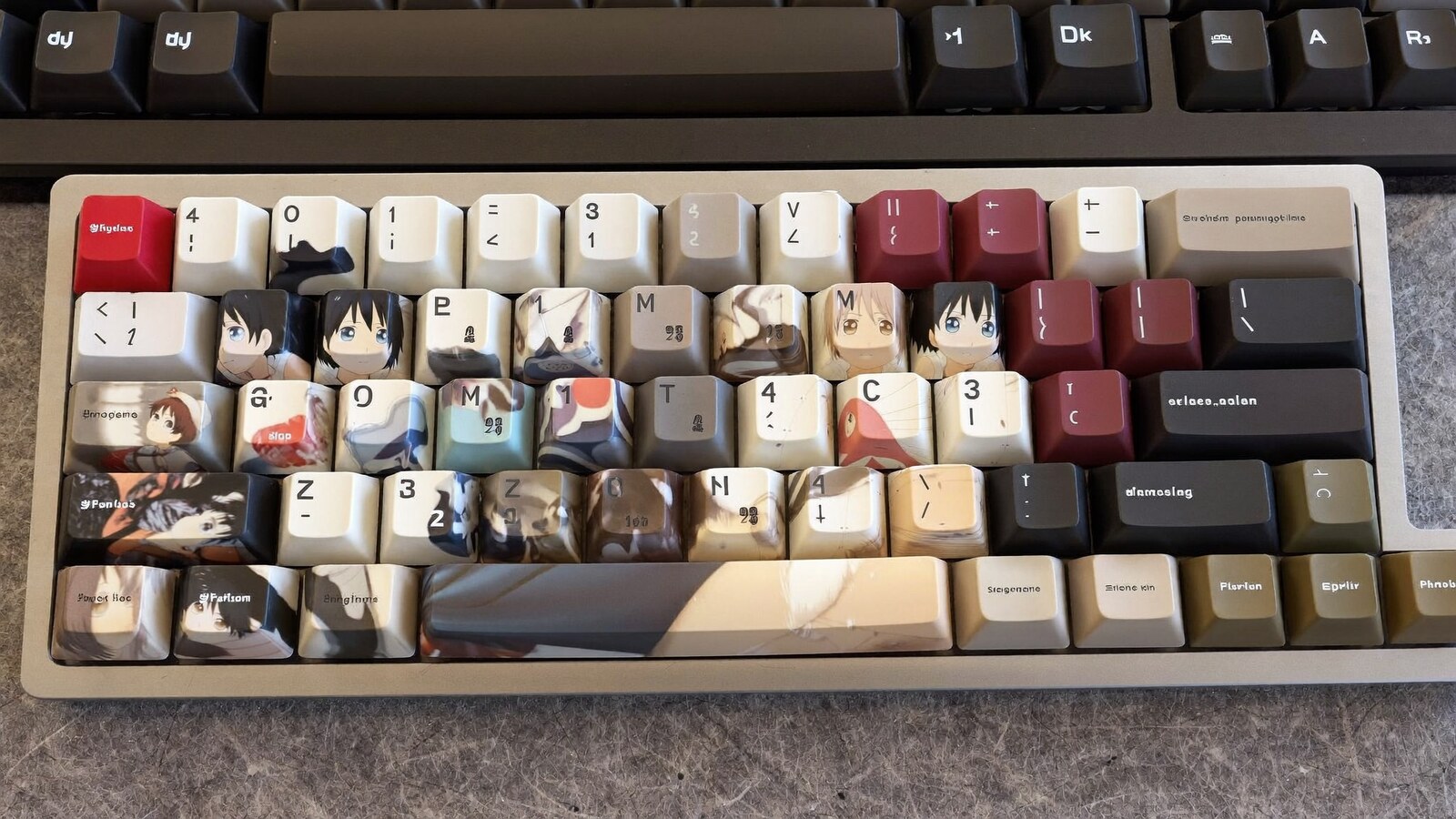 Anime-inspired shift keycap in a social or layered scene with friends