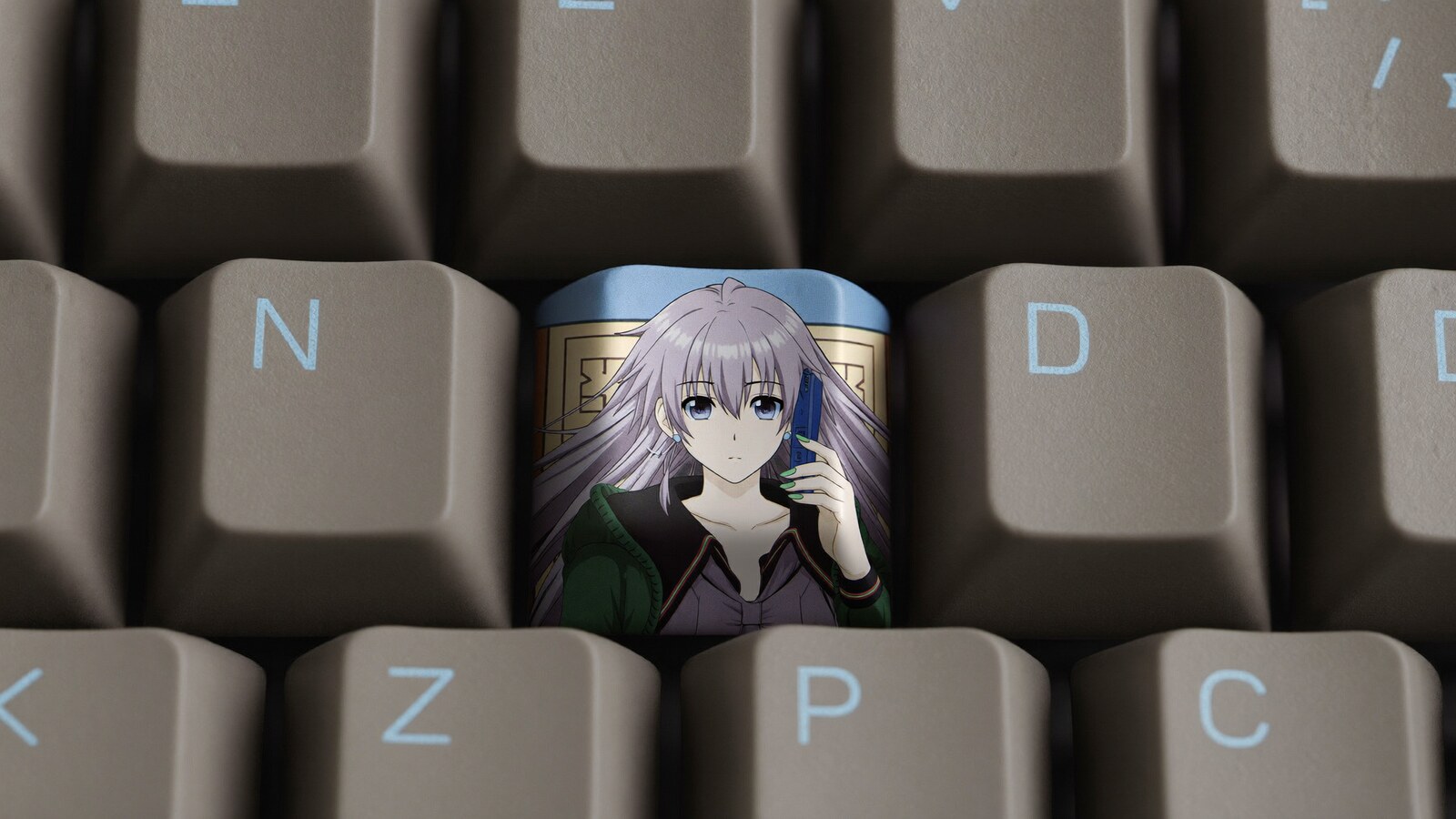 Person wearing an anime-inspired shift keycap in an editorial scene