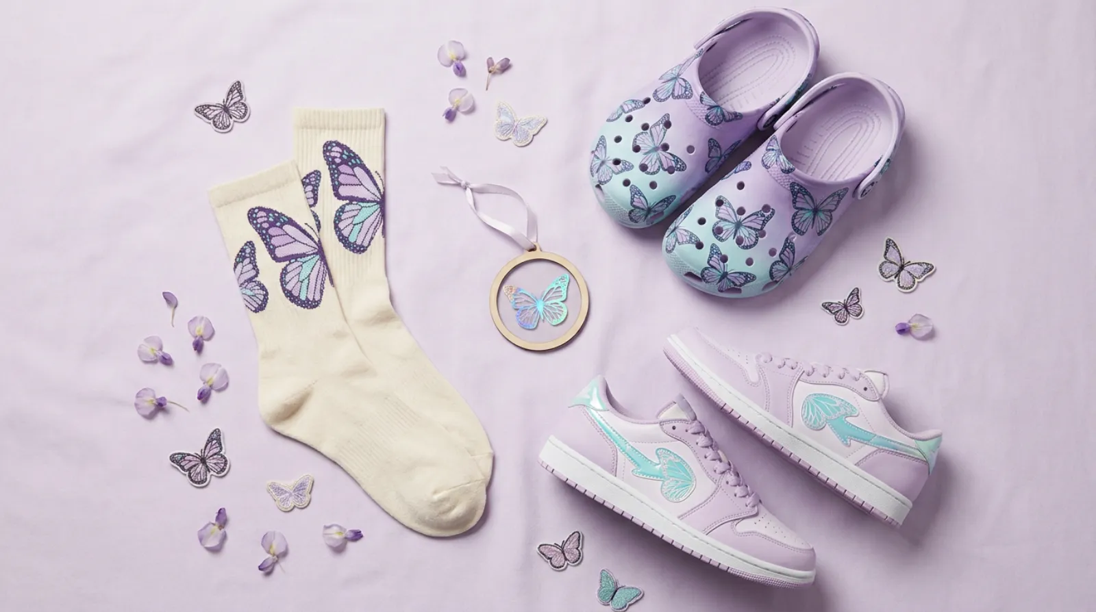 Flat-lay of Shinobu Kocho merch with butterfly-pattern socks, slip-on clogs, basketball shoes, and a wood hologram ornament in purple and teal