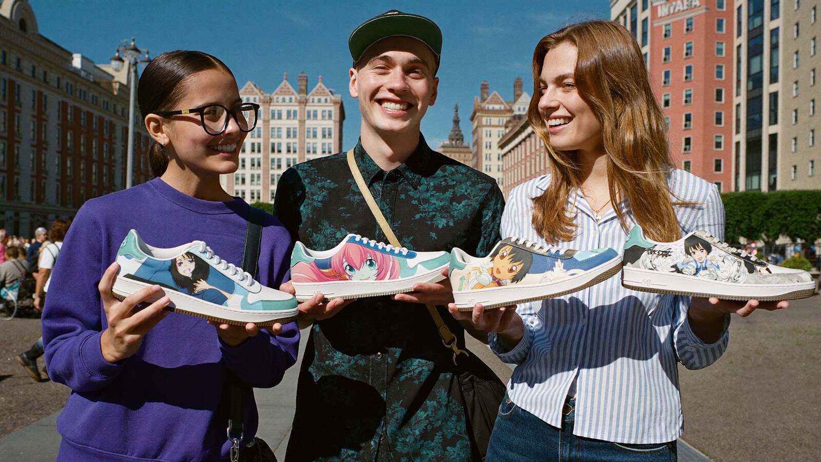 Anime-inspired shoes in a social or layered scene with friends