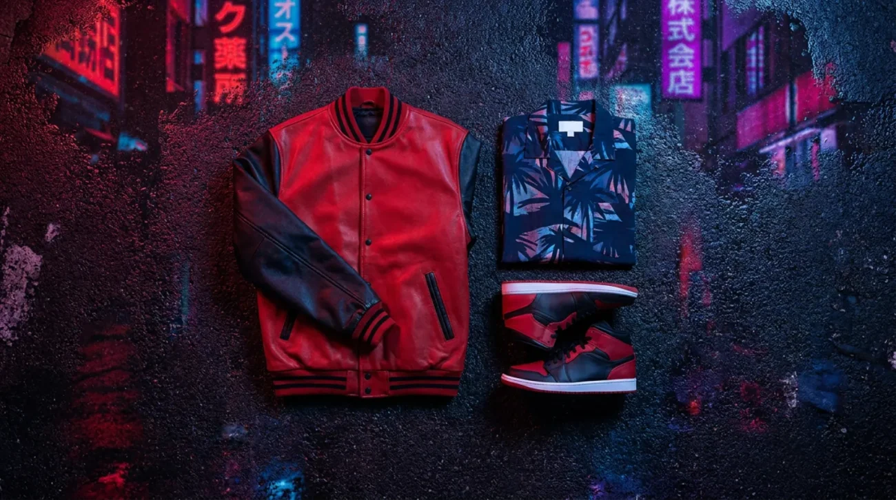 Shotaro Kaneda merch flat lay with Akira red jacket and sneakers in neon palette
