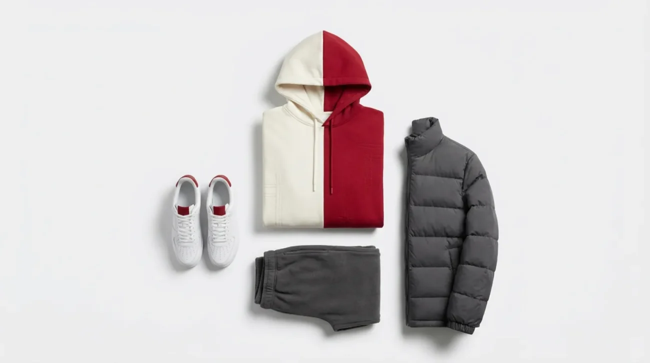 Shoto Todoroki merch flat lay in half white half red ice and fire apparel