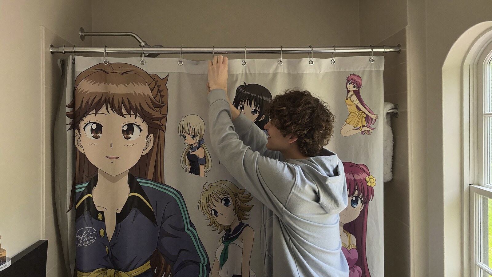 Anime-inspired shower curtain styled in a natural daylight scene
