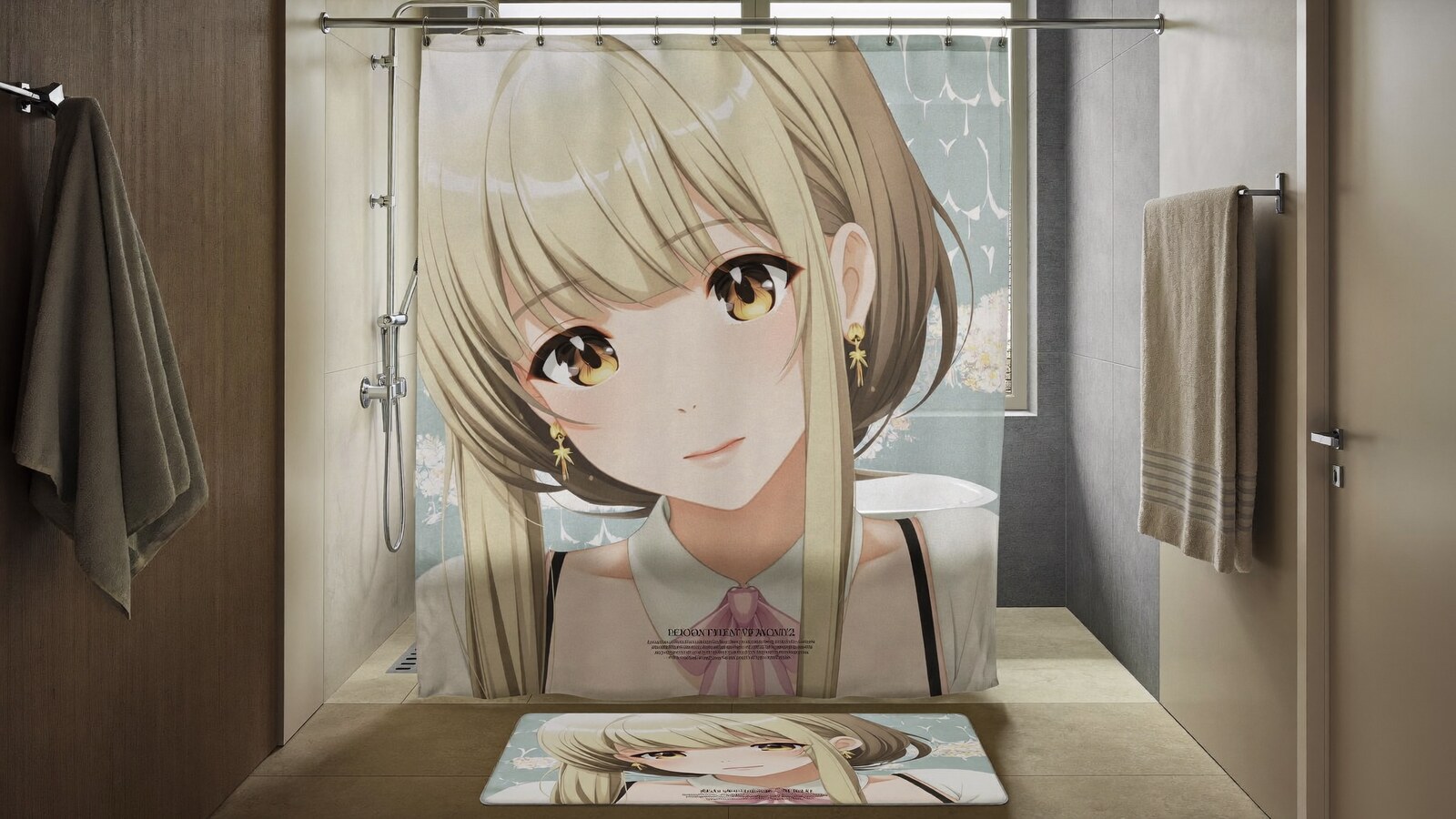 Anime-inspired shower curtain in a social or layered scene with friends