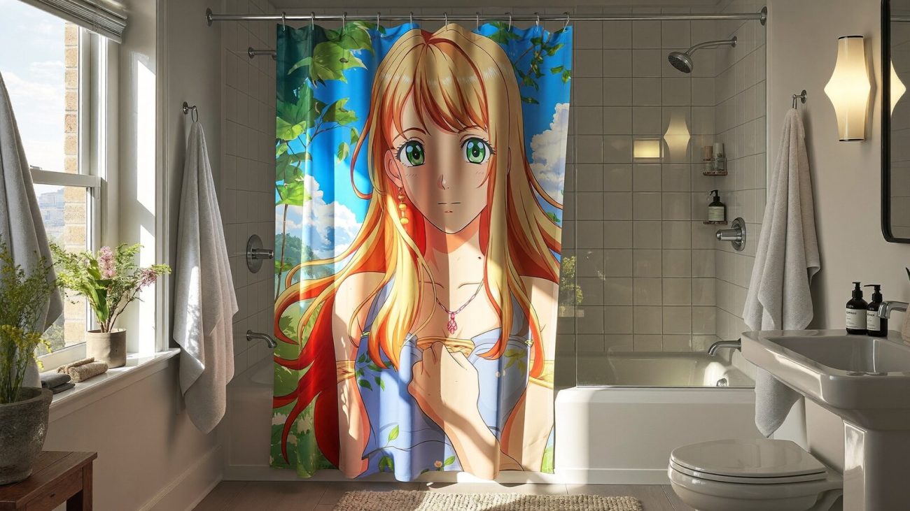 Anime-inspired shower curtain styled in a cinematic scene