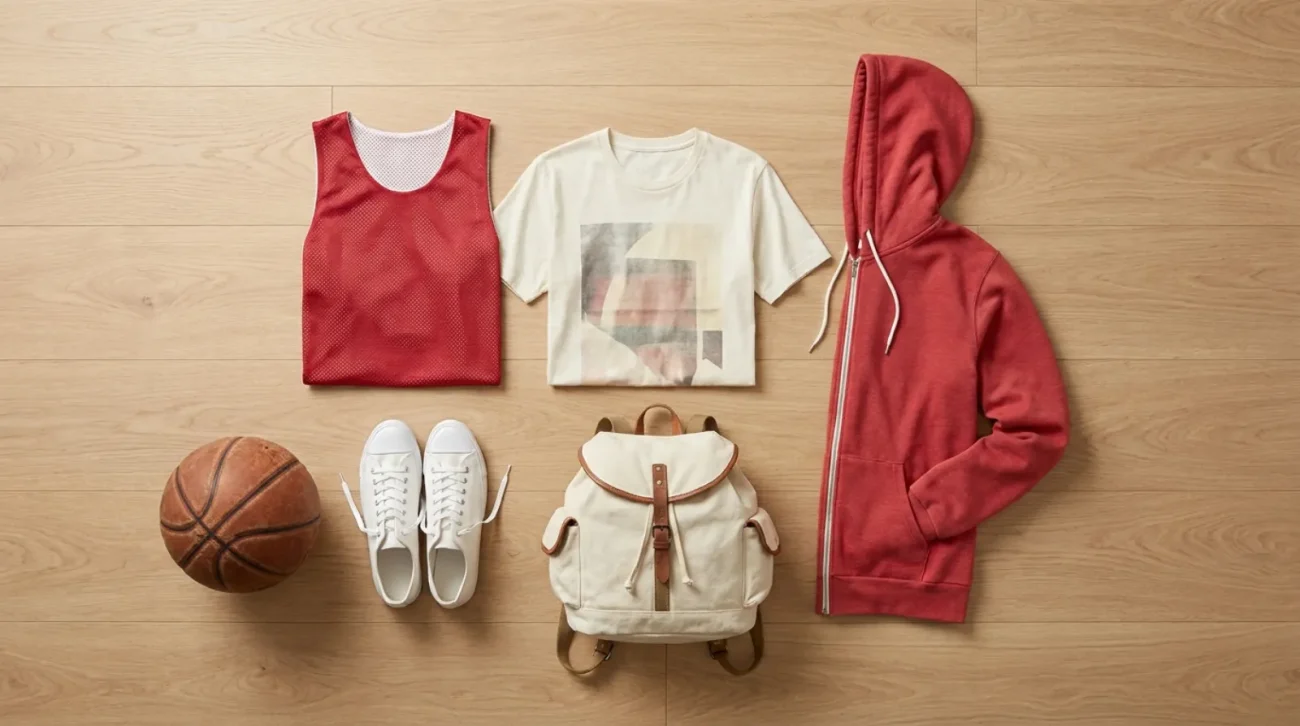 Slam Dunk shirt and Shohoku red basketball jersey apparel flat lay
