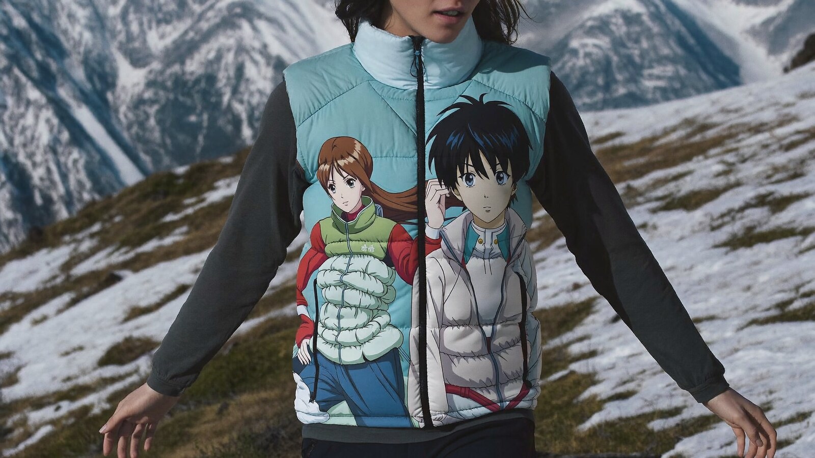 Anime-inspired sleeveless down jacket styled in a natural daylight scene