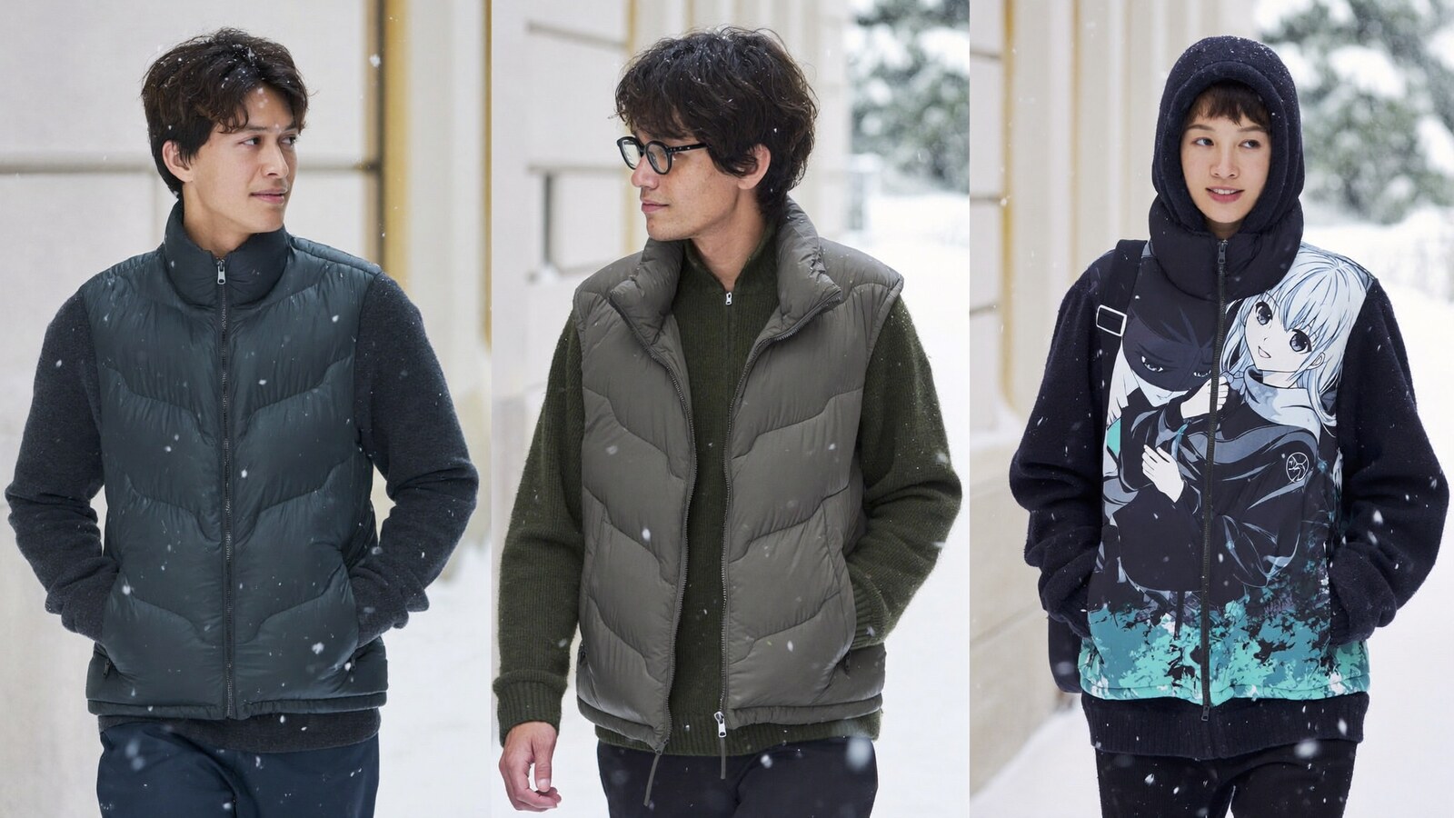 Anime-inspired sleeveless down jacket in a social or layered scene with friends