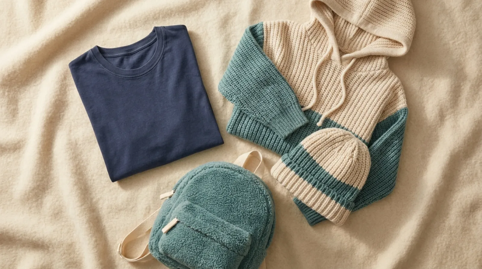 Snorlax merch cozy apparel flat lay in navy, teal and cream
