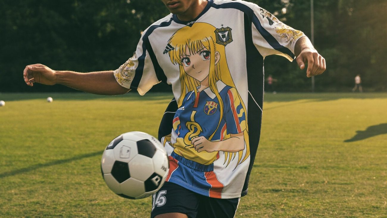 Person wearing an anime-inspired soccer jersey in an editorial scene
