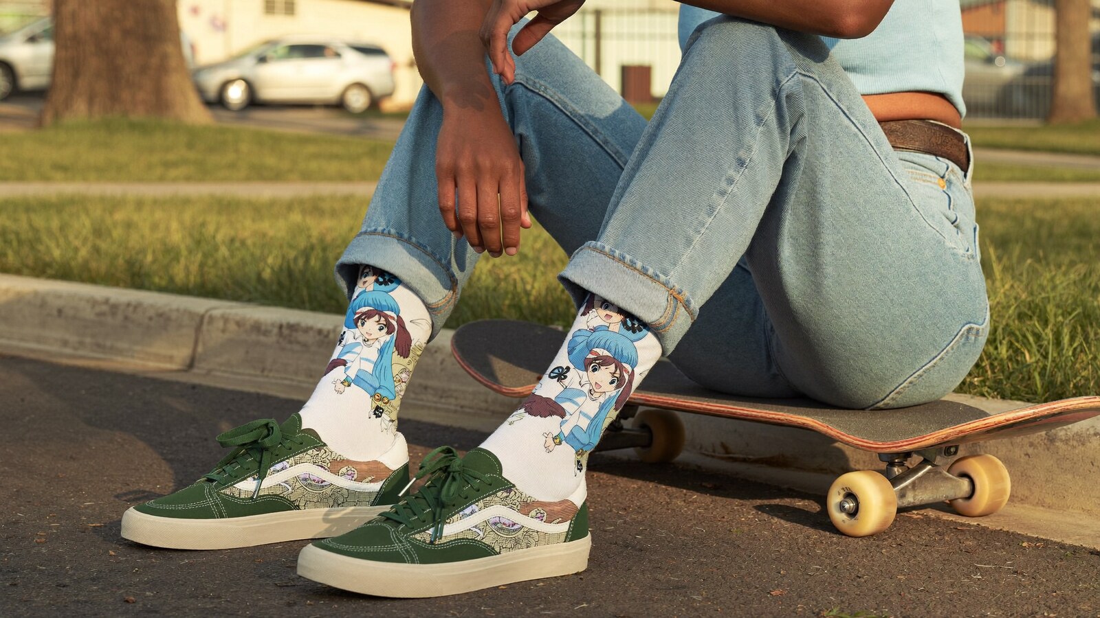 Anime-inspired socks in a social or layered scene with friends