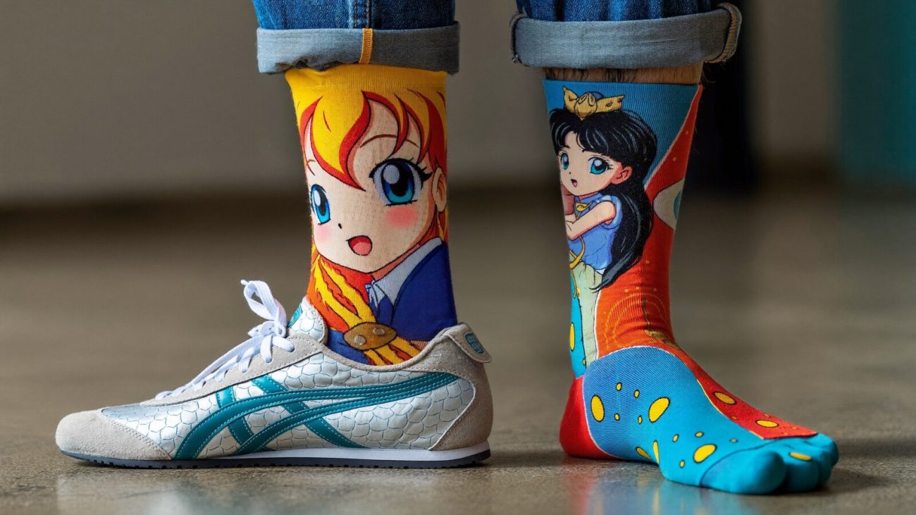 Person wearing an anime-inspired socks in an editorial scene