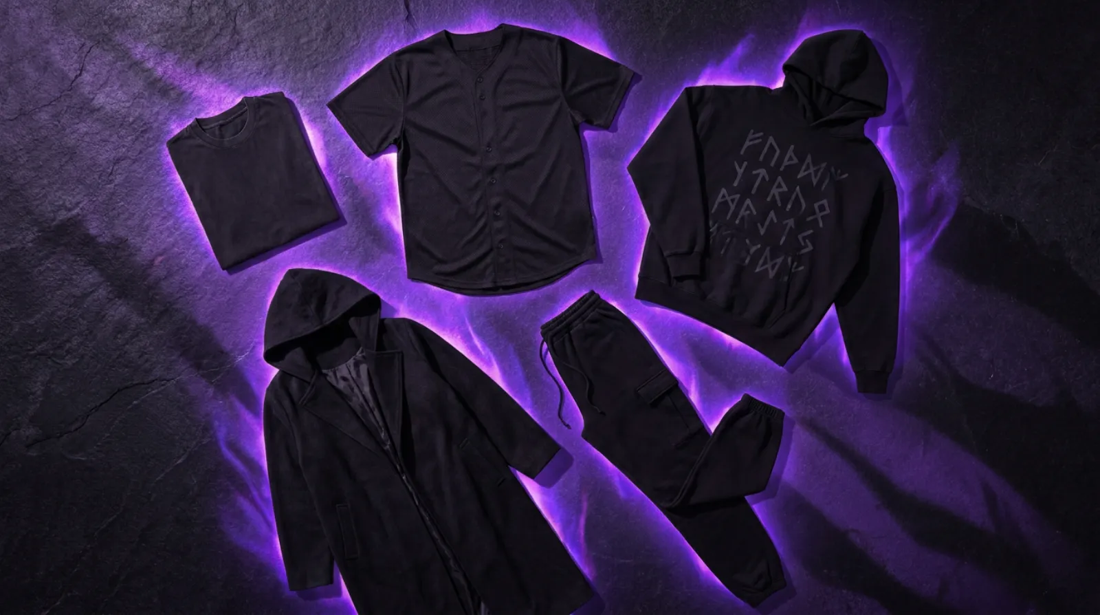 Solo Leveling merch flat lay in dark Shadow Monarch black and purple