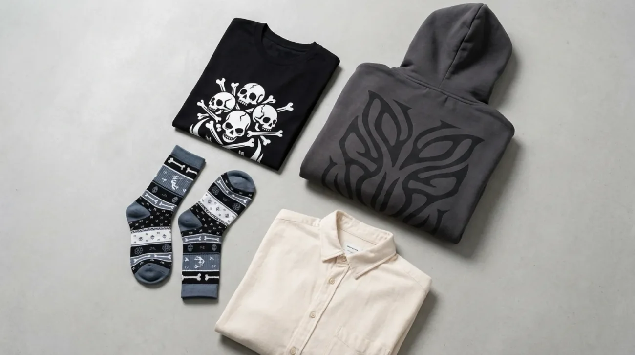 Soul Eater merch flat lay in black, white, and slate gray gothic streetwear
