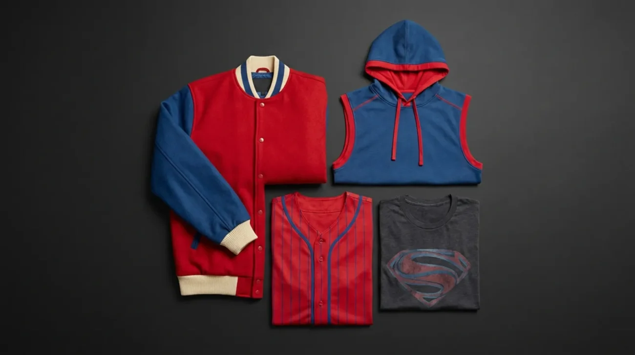 Spiderman shirt and gear flat lay of red and blue apparel, varsity jacket and jersey