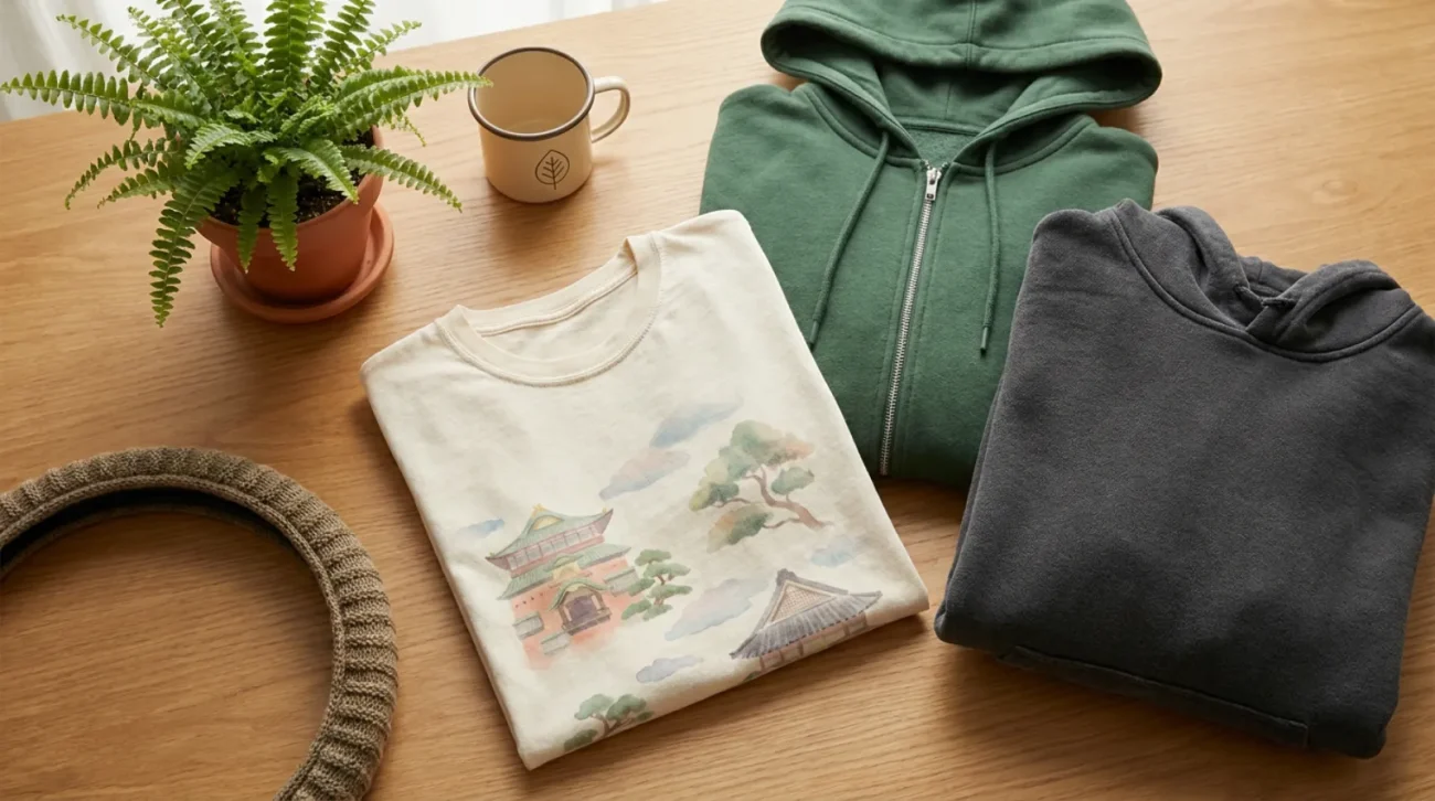 Flat-lay of Spirited Away merch and Studio Ghibli apparel