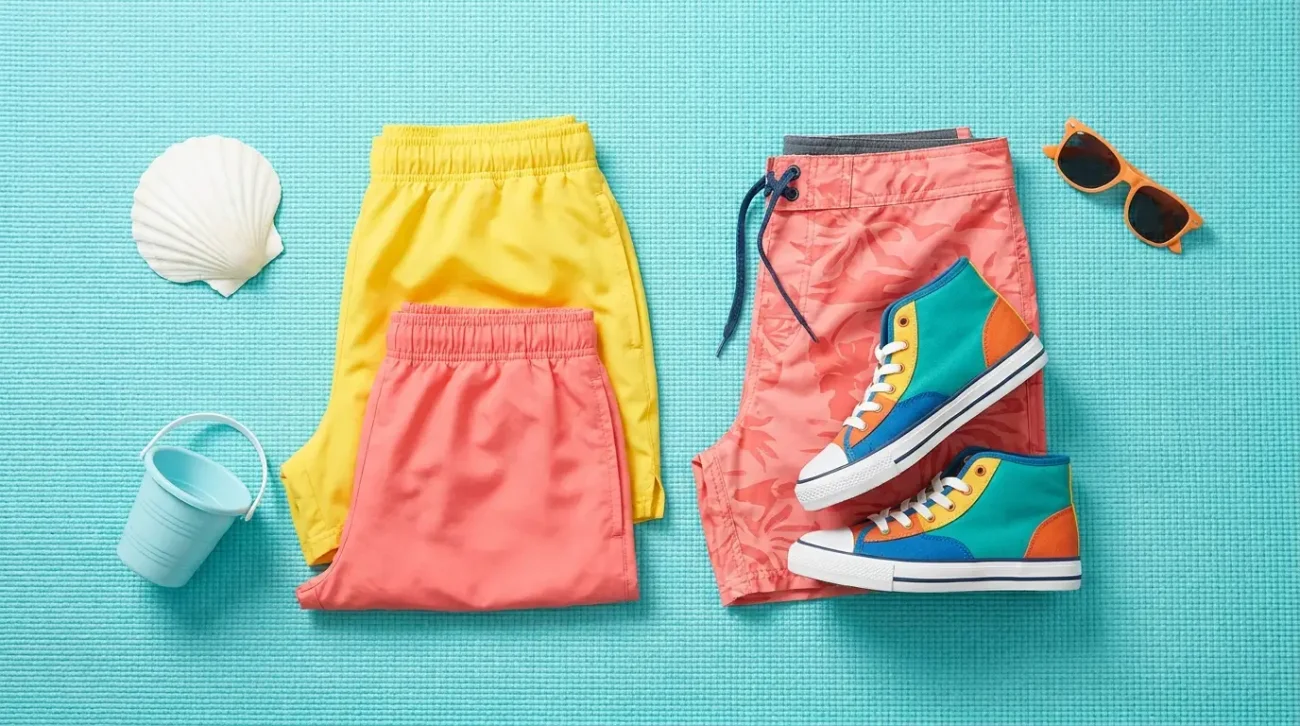 SpongeBob shirt and shorts bright summer apparel flat lay with sneakers and swim trunks