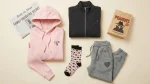 Spy x Family merch themed apparel flat-lay with pink hoodie, charcoal zip jacket, and socks
