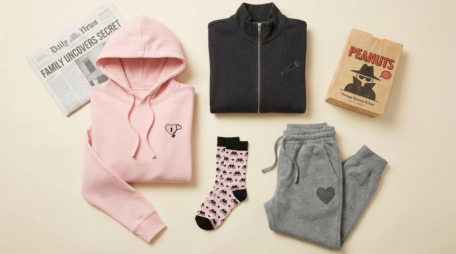 Spy x Family merch themed apparel flat-lay with pink hoodie, charcoal zip jacket, and socks