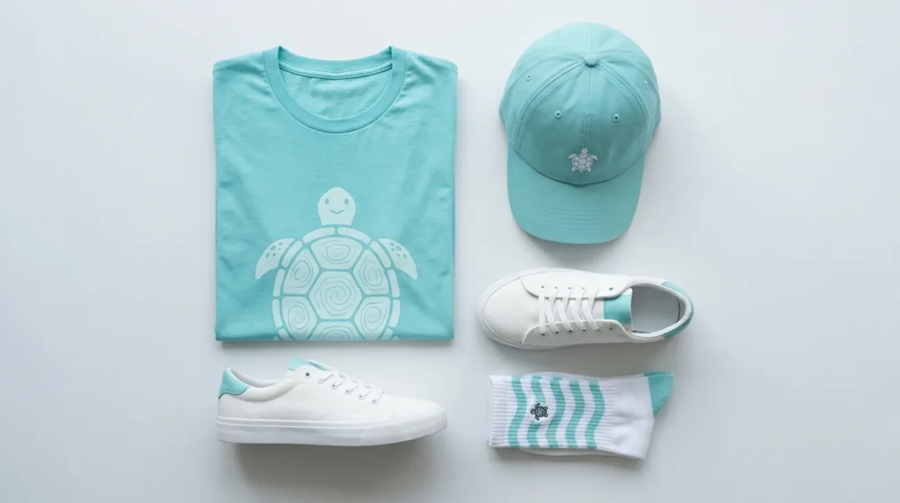 Squirtle merch apparel flat-lay with aqua-blue tee, cap, sneakers and socks