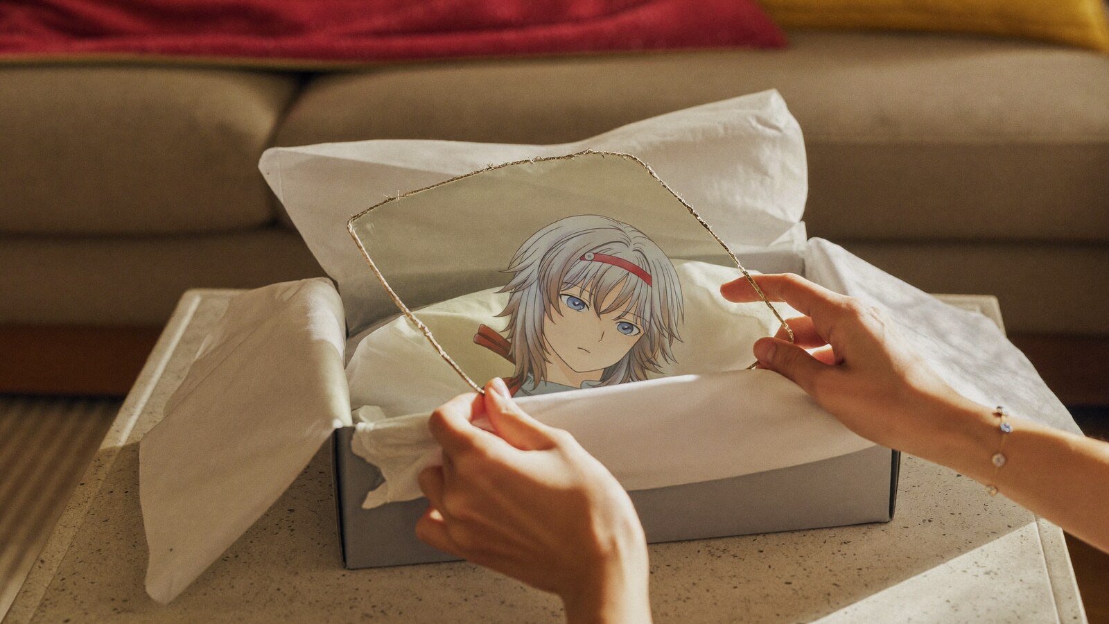 Anime-inspired stained glass ornament in a social or layered scene with friends