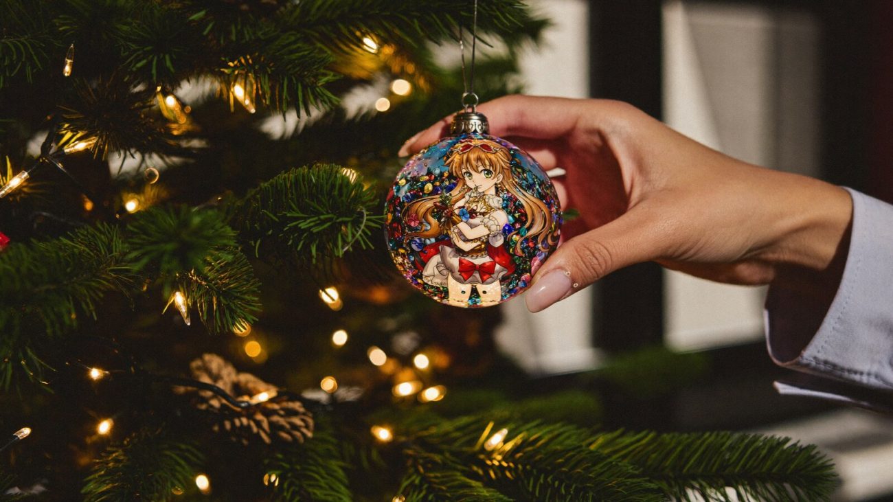 Person wearing an anime-inspired stained glass ornament in an editorial scene