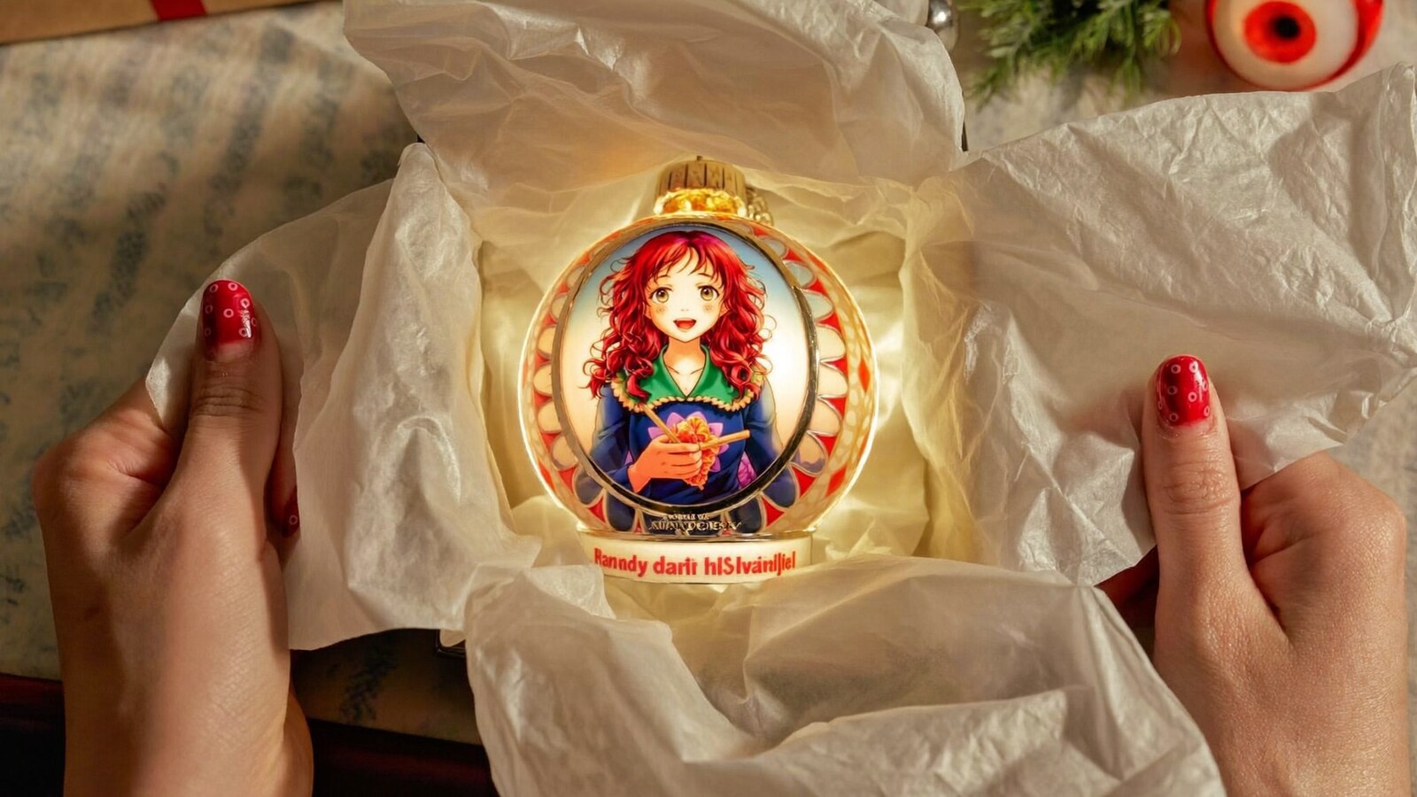 Anime-inspired stained glass ornaments in a social or layered scene with friends