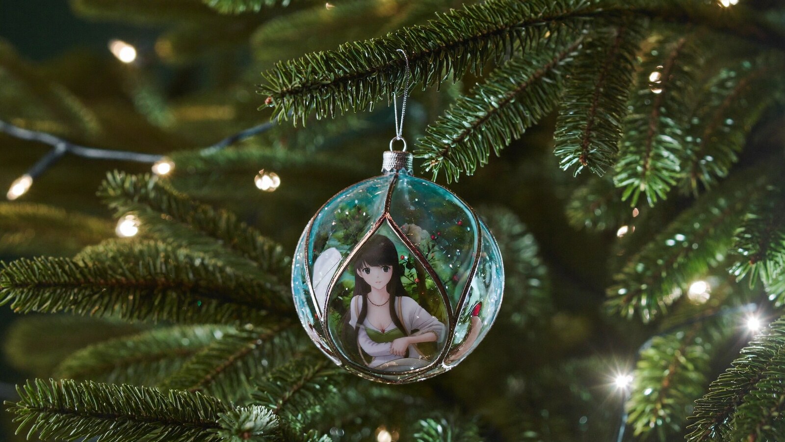 Person wearing an anime-inspired stained glass ornaments in an editorial scene