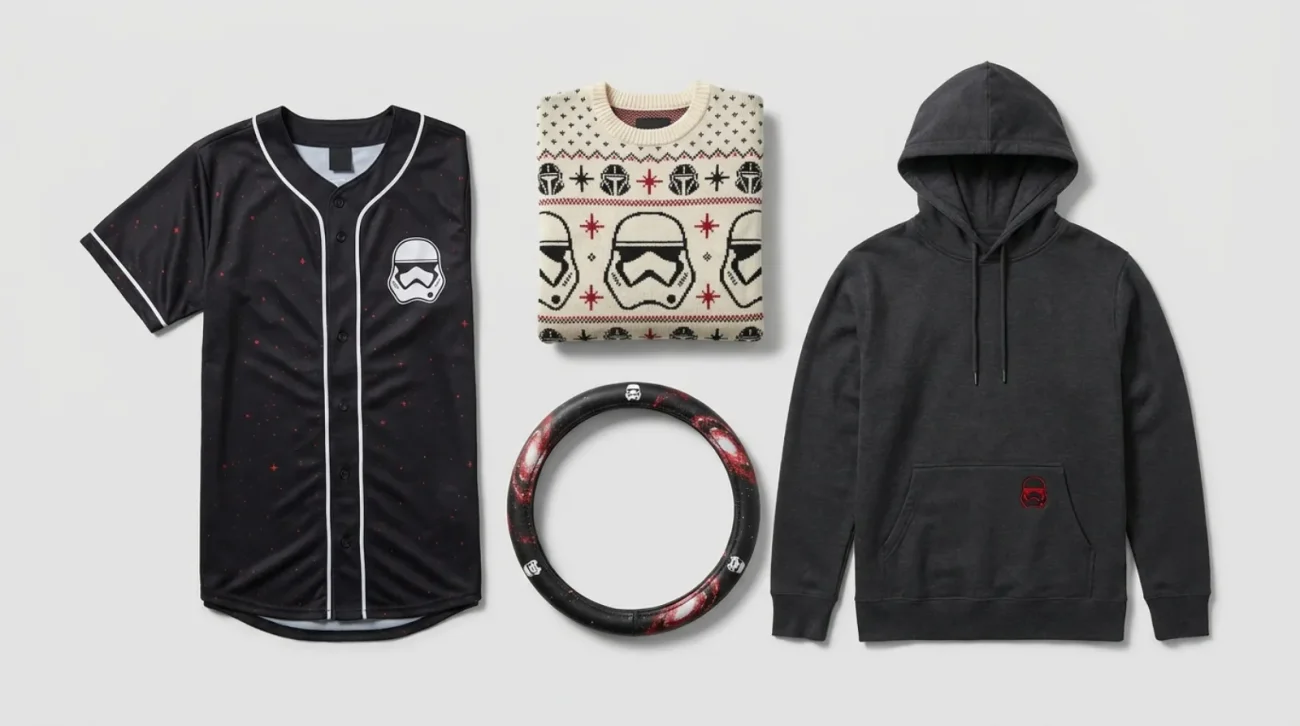 Flat-lay of Star Wars shirt and apparel merch including baseball jerseys, a knit sweater and a hoodie in galactic black, white and red tones