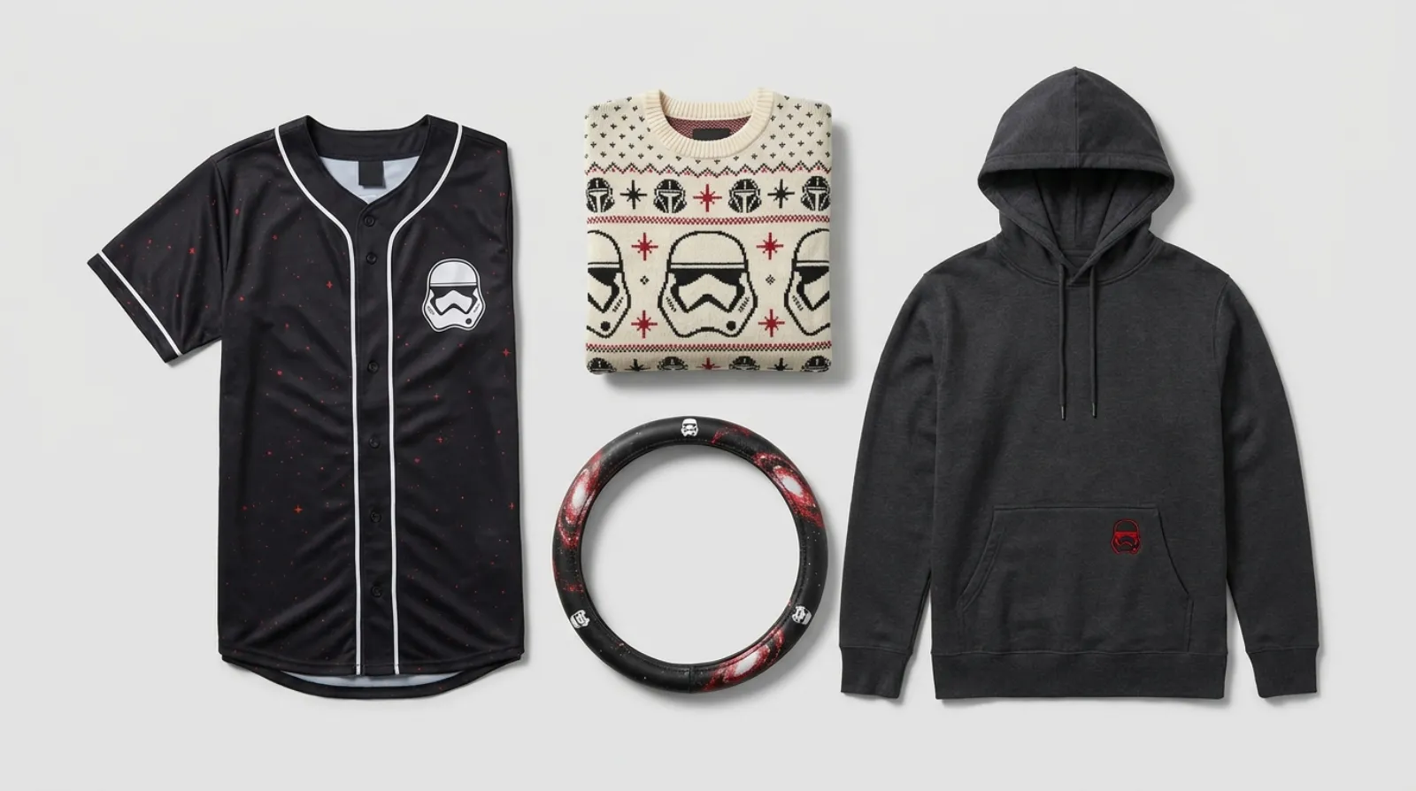 Flat-lay of Star Wars shirt and apparel merch including baseball jerseys, a knit sweater and a hoodie in galactic black, white and red tones