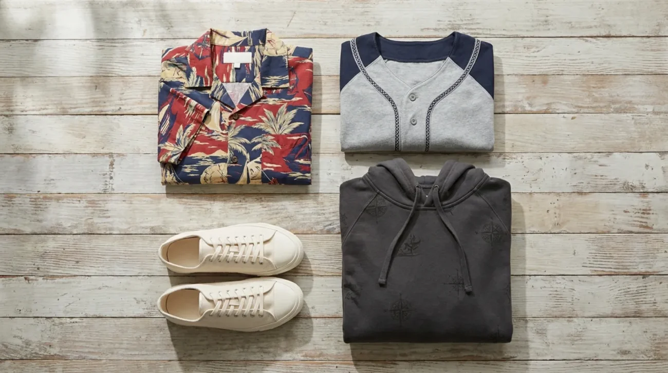 Straw Hat Pirates merch flat lay with Hawaiian shirt, jersey, hoodie and sneakers in red, navy and straw yellow