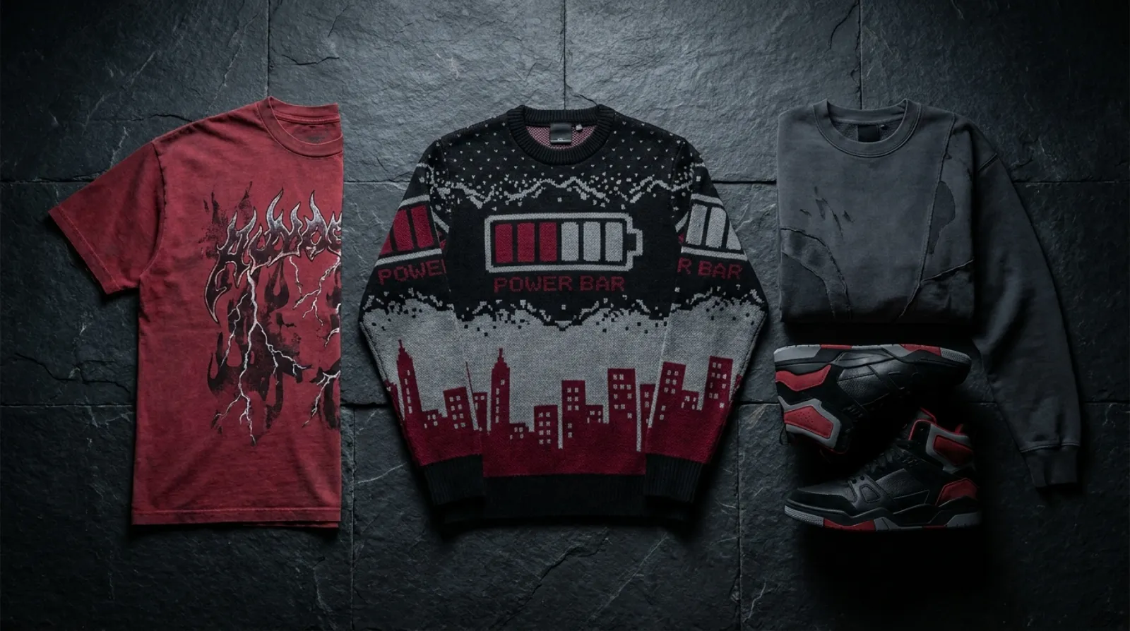 Street Fighter shirt and Akuma apparel flat lay with tees, sweatshirt and shoes