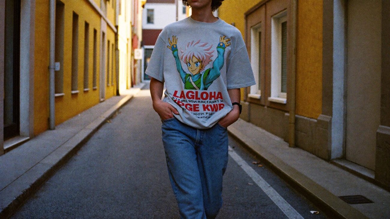 Person wearing an anime-inspired streetwear t-shirts in an editorial scene