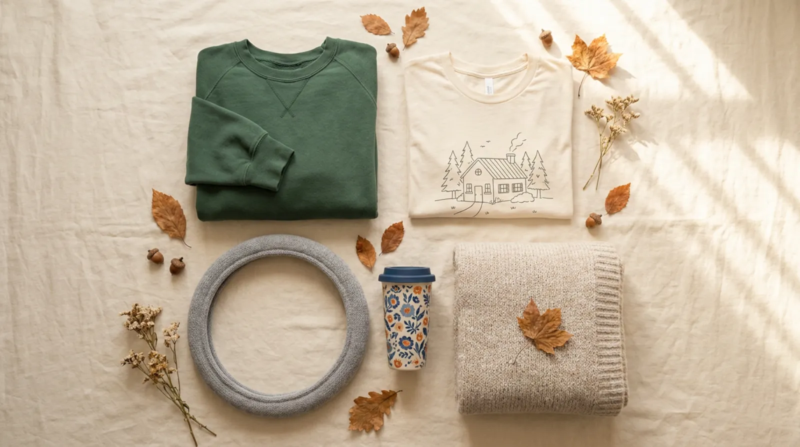 Cozy flat-lay of Studio Ghibli merch including a vintage sweatshirt, tumbler, and plush blanket