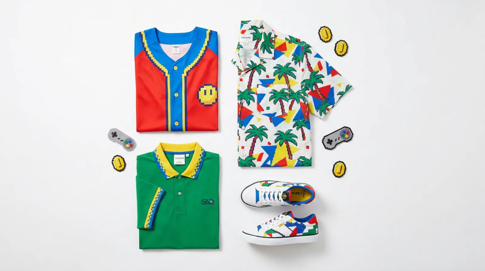 Super Mario series merch flat lay with red and blue jersey and tropical shirt