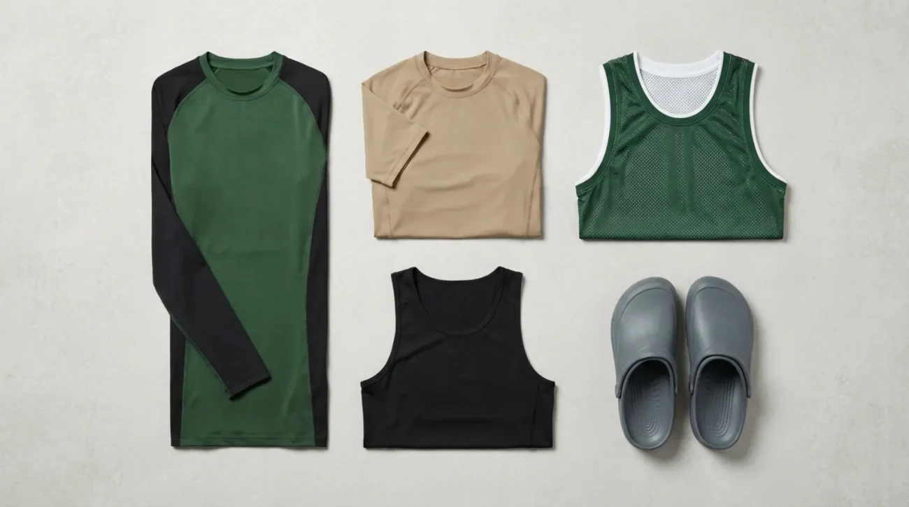 Survey Corps shirt apparel flat lay with green compression rash guard, jersey and tank