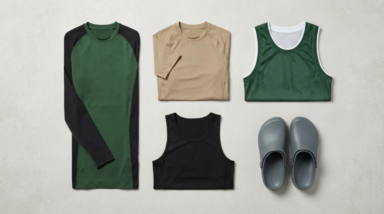 Survey Corps shirt apparel flat lay with green compression rash guard, jersey and tank