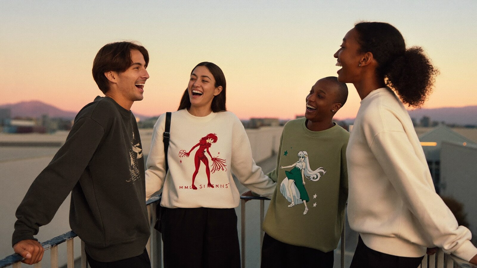 Anime-inspired sweatshirts in a social or layered scene with friends