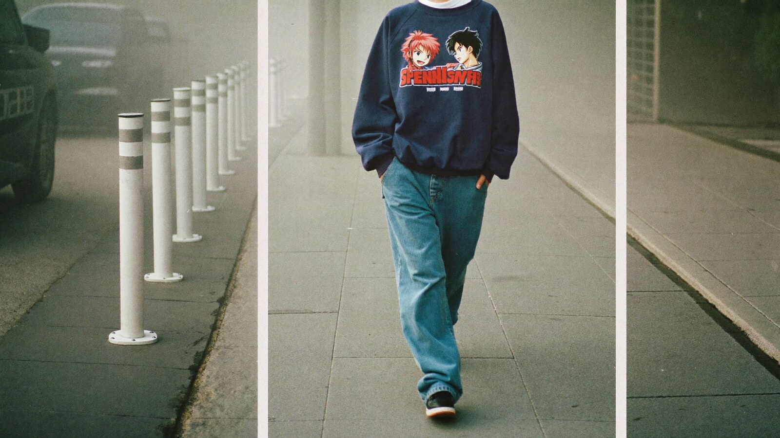 Person wearing an anime-inspired sweatshirts in an editorial scene