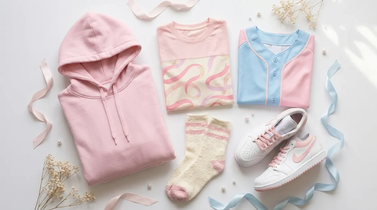 Sylveon Pokemon merch flat lay with pastel hoodie, baseball jersey, tee, socks and sneakers in pink and blue