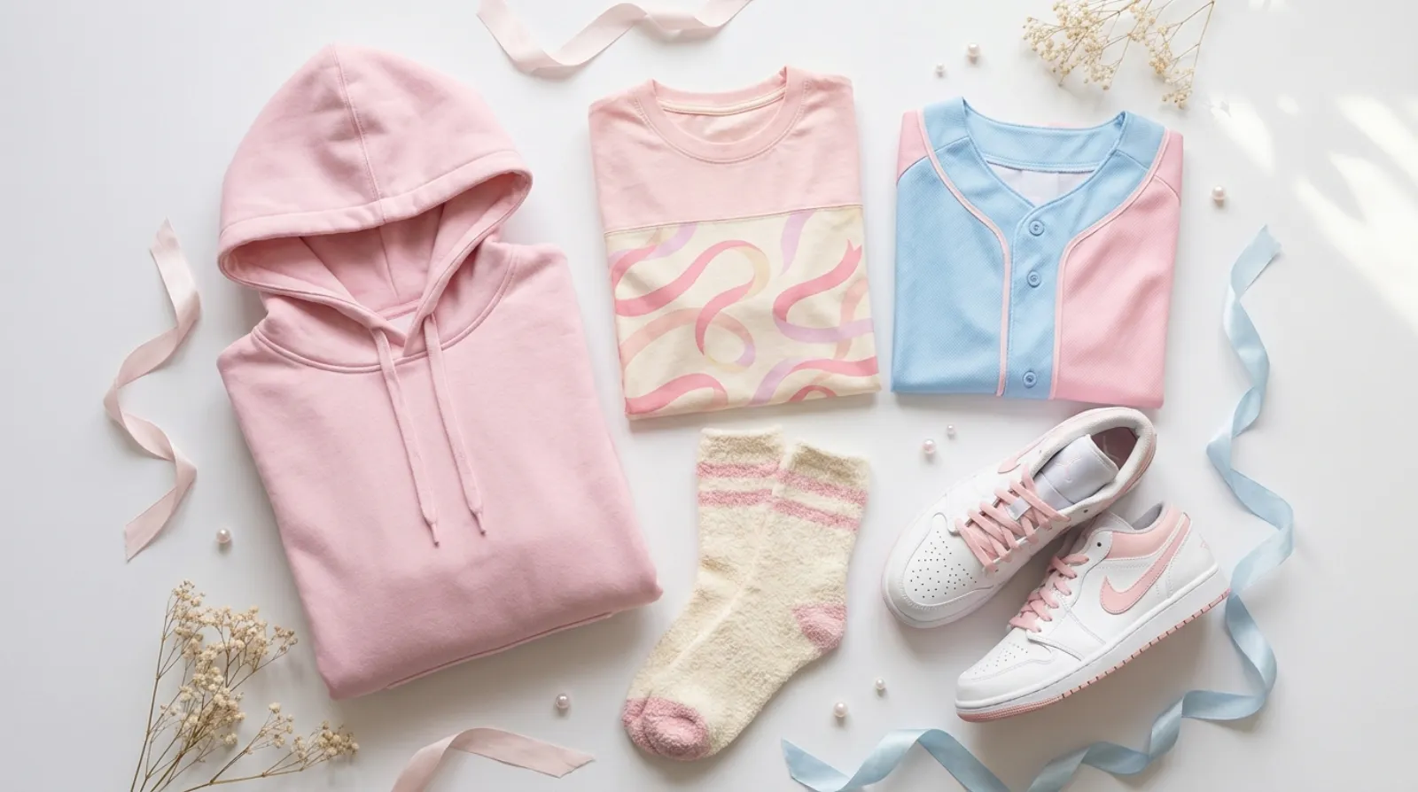 Sylveon Pokemon merch flat lay with pastel hoodie, baseball jersey, tee, socks and sneakers in pink and blue