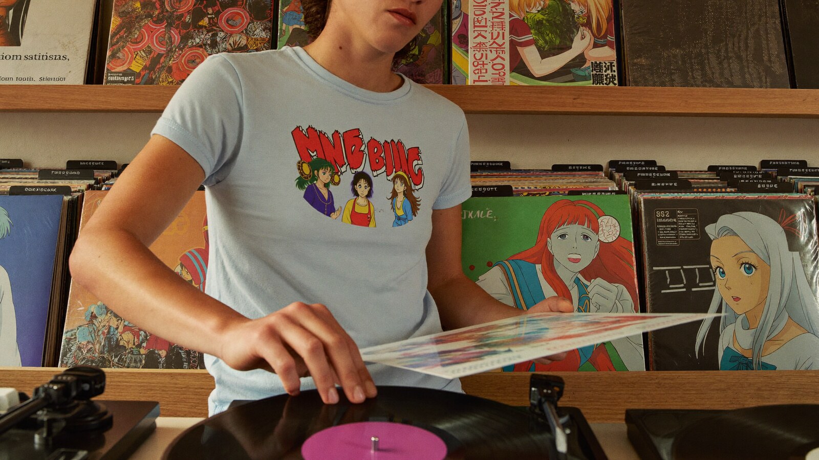 Anime-inspired t-shirt styled in a natural daylight scene