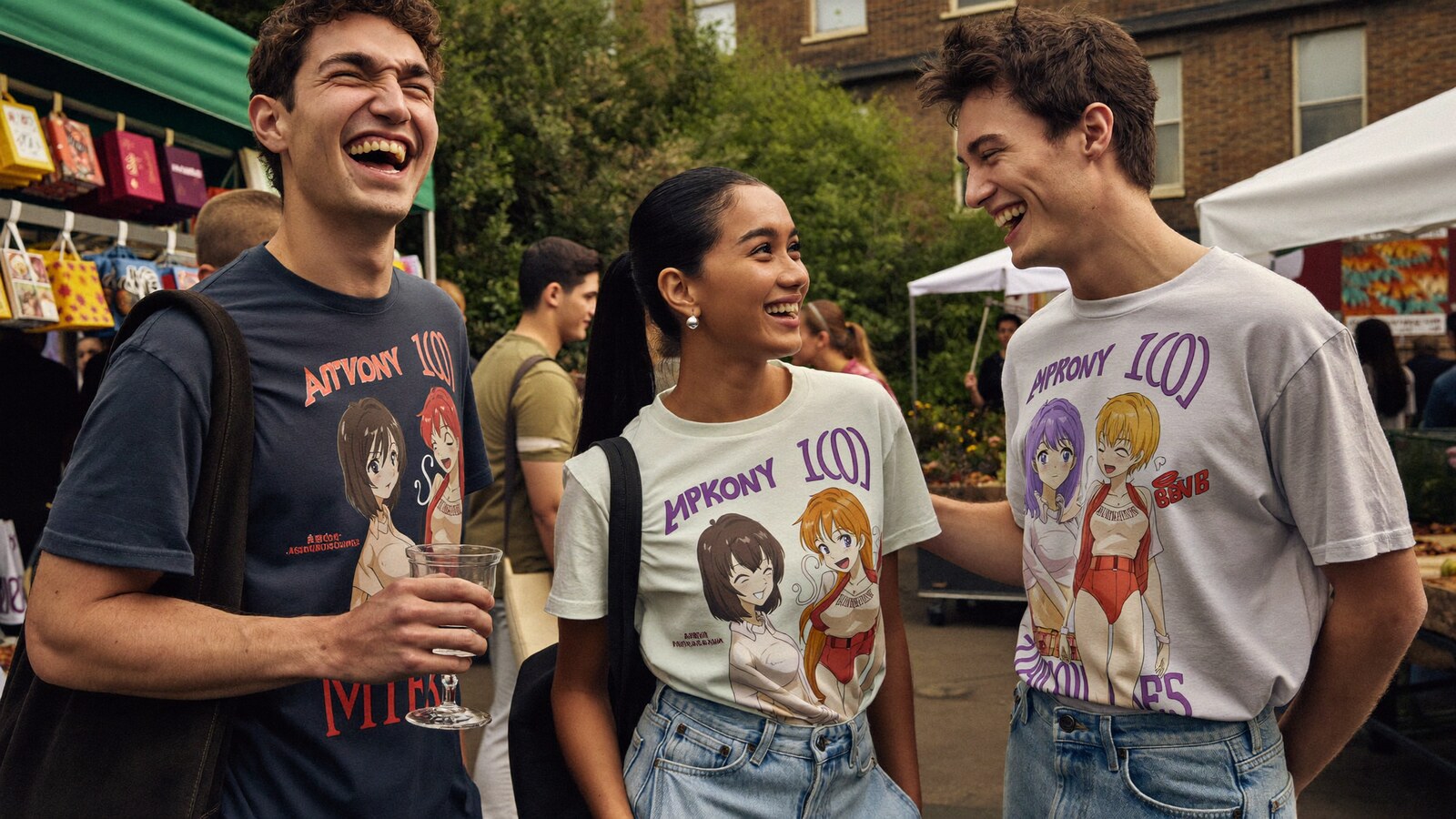 Anime-inspired t-shirt in a social or layered scene with friends