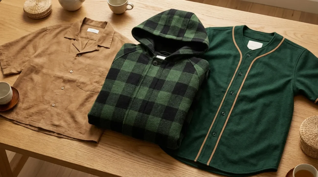 Flat-lay of Tanjiro Kamado merch with a green checkered cloak coat, Hawaiian shirt, and baseball jersey