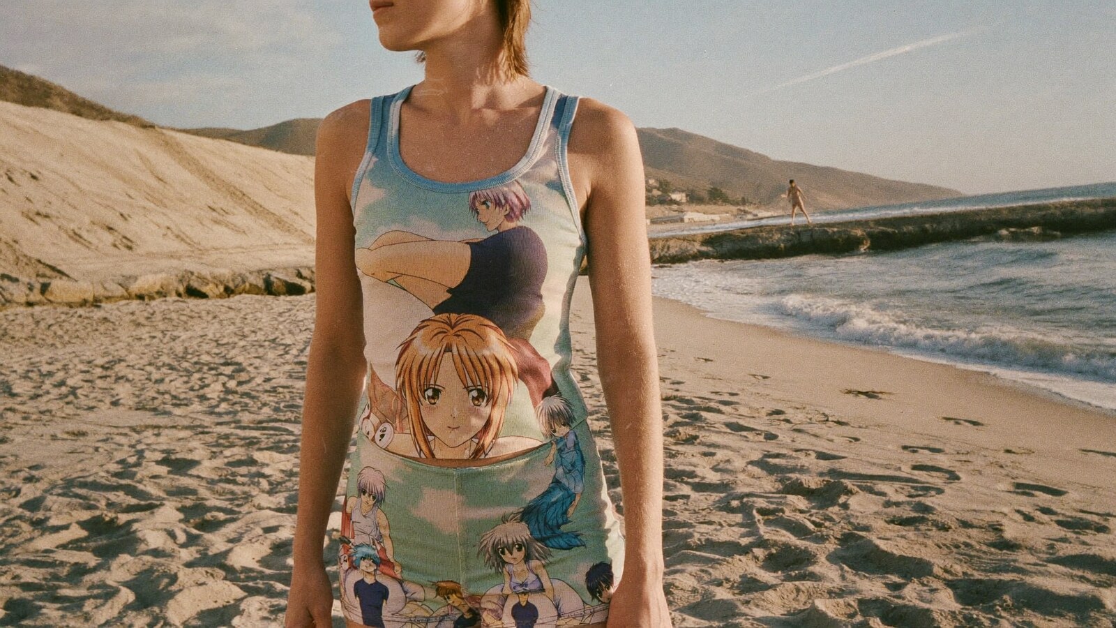 Anime-inspired tank tops styled in a natural daylight scene