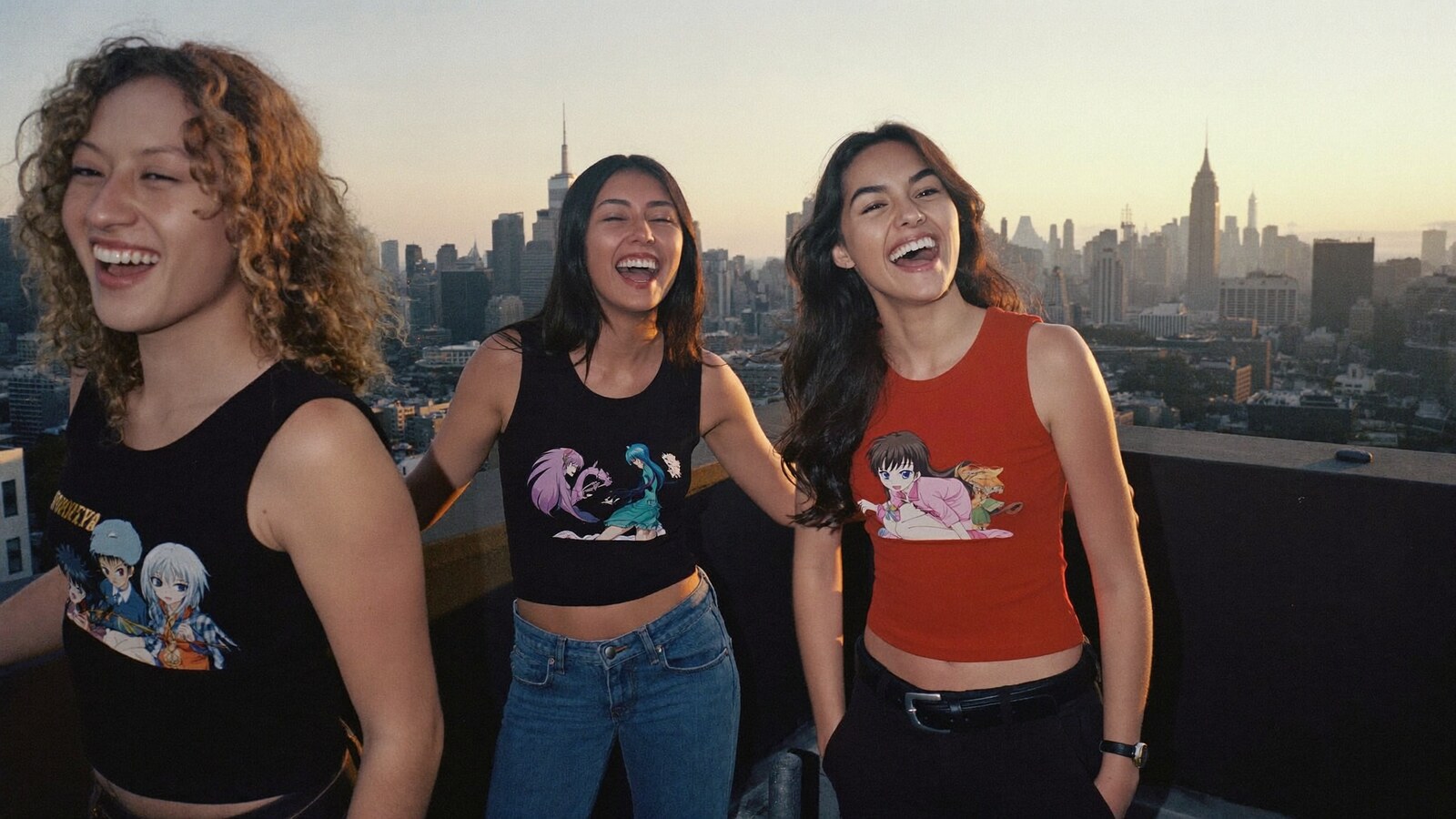 Anime-inspired tank tops in a social or layered scene with friends