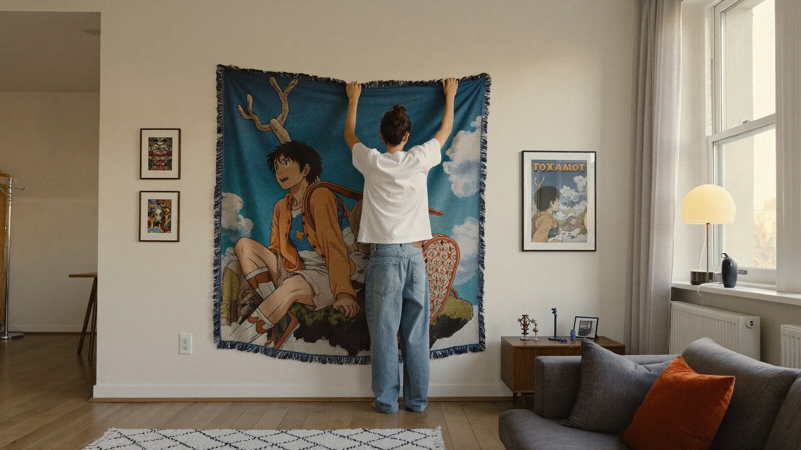 Anime-inspired tapestries styled in a natural daylight scene