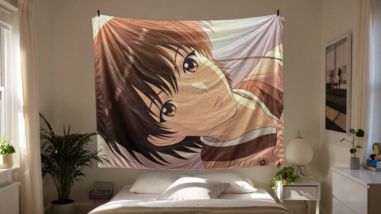 Anime-inspired tapestries styled in a cinematic scene